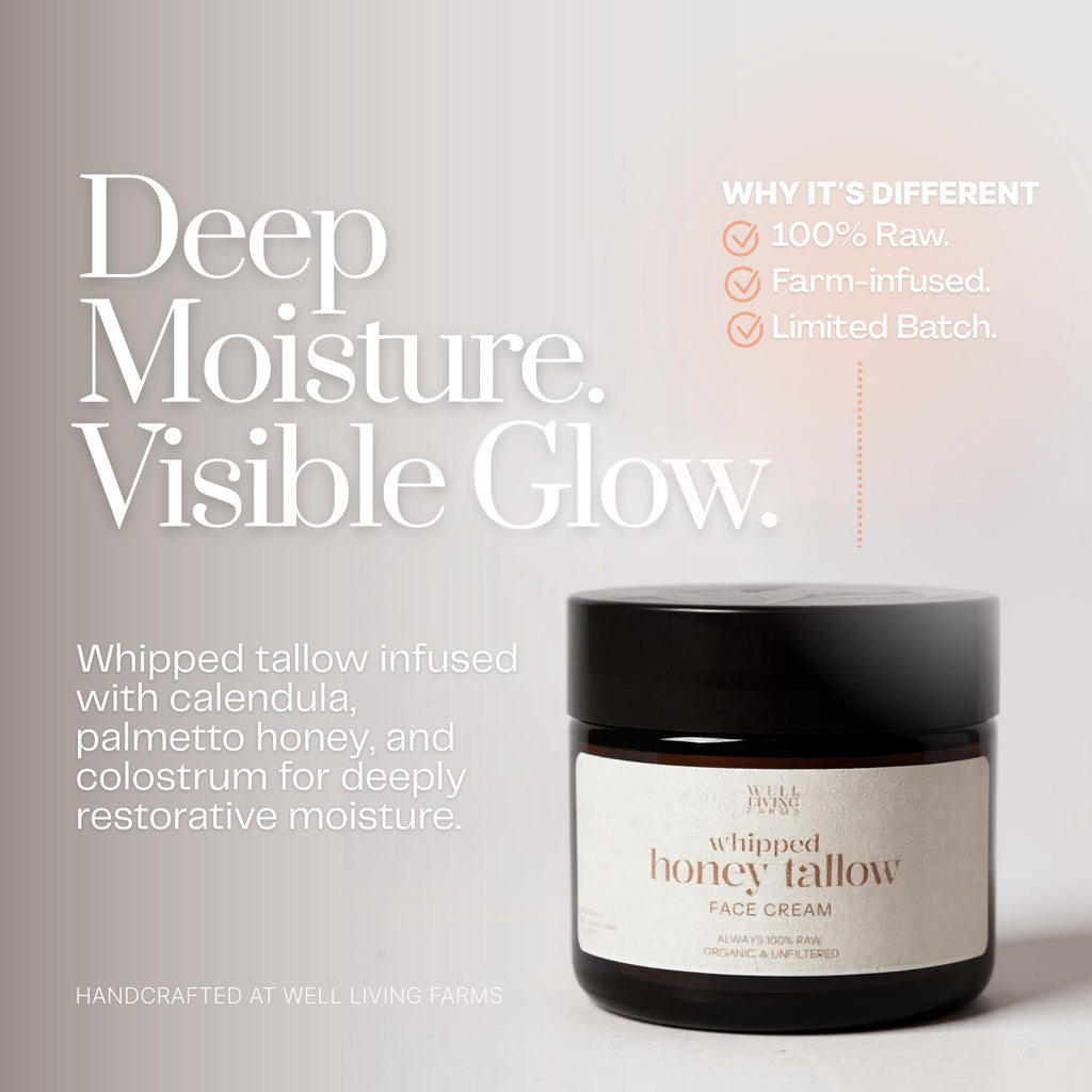 Jar of whipped tallow face cream made with organic ingredients. Natural skincare product handcrafted from grass-fed beef tallow and botanicals. Ideal night cream or moisturizer for radiant, healthy skin.