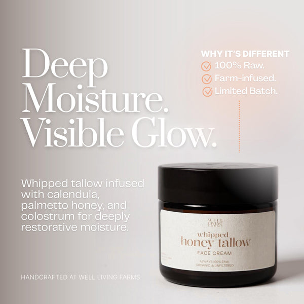 Jar of whipped tallow face cream made with organic ingredients. Natural skincare product handcrafted from grass-fed beef tallow and botanicals. Ideal night cream or moisturizer for radiant, healthy skin.