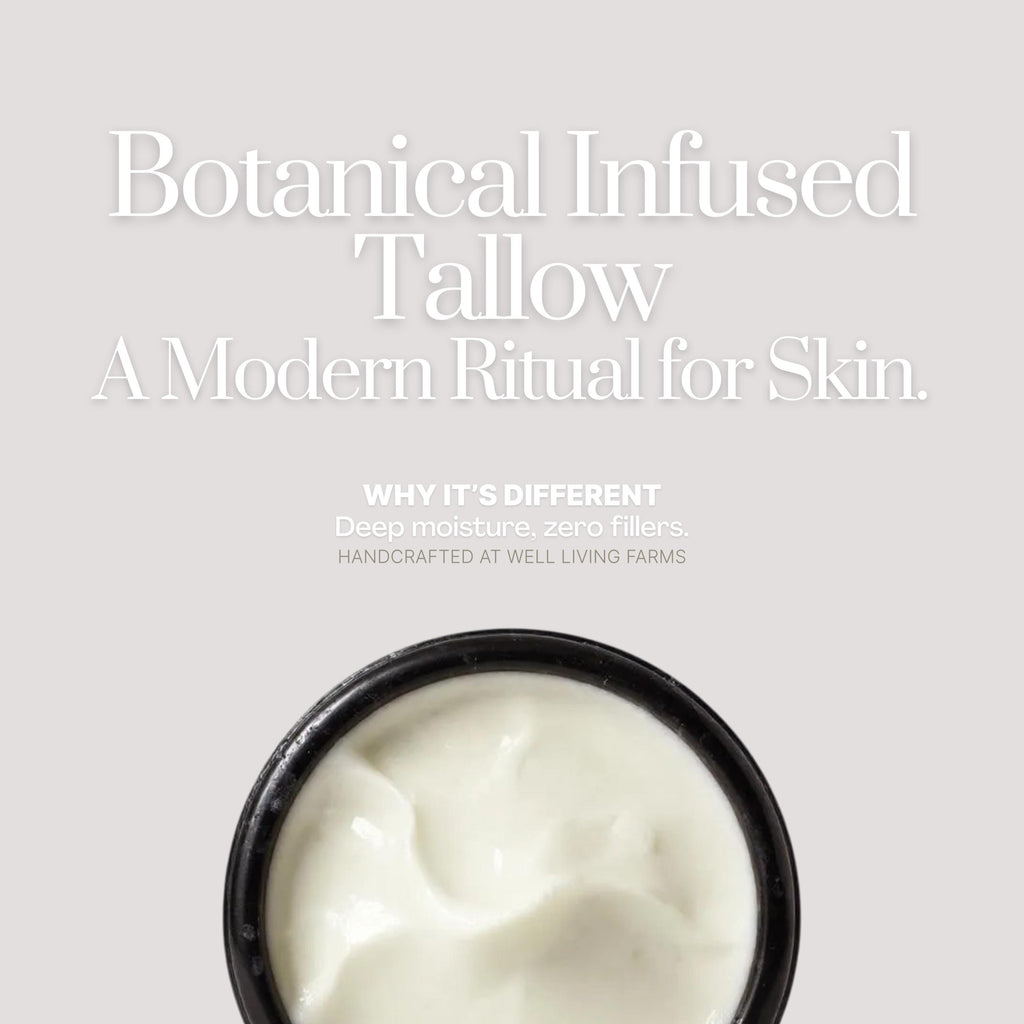 Open jar of whipped tallow cream with creamy texture, rich in botanical infusions like calendula and jojoba oil. Organic night cream and moisturizer.