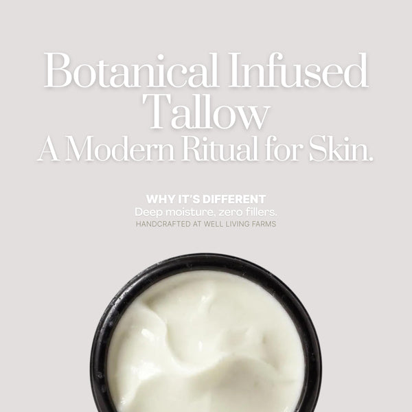 Open jar of whipped tallow cream with creamy texture, rich in botanical infusions like calendula and jojoba oil. Organic night cream and moisturizer.